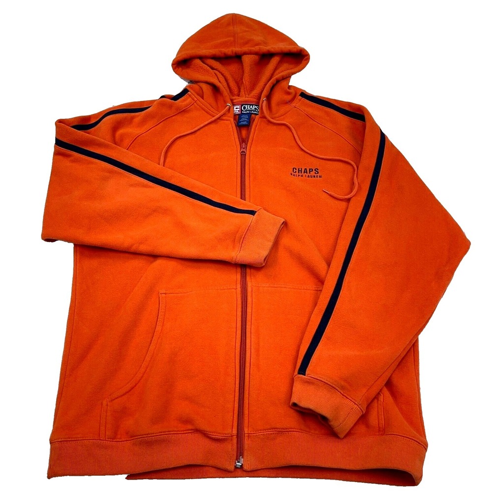 Vintage Ralph Lauren Chaps Hoodie Men Large Orange Blue Sweatshirt Jacket Y2K